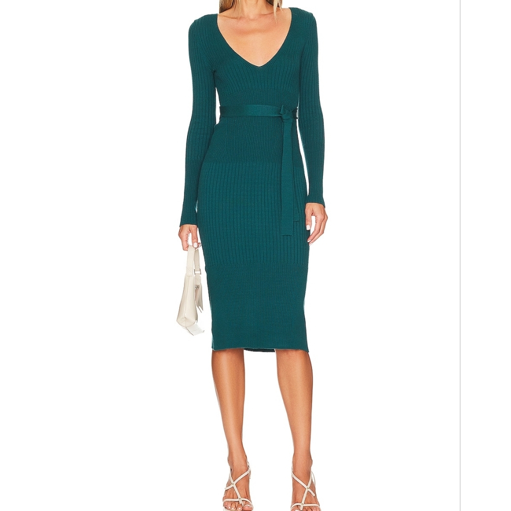 House Of Harlow 1960 Deep V Neck‎ Bodycon Rib Knit Dress Medium Teal Long Sleeve